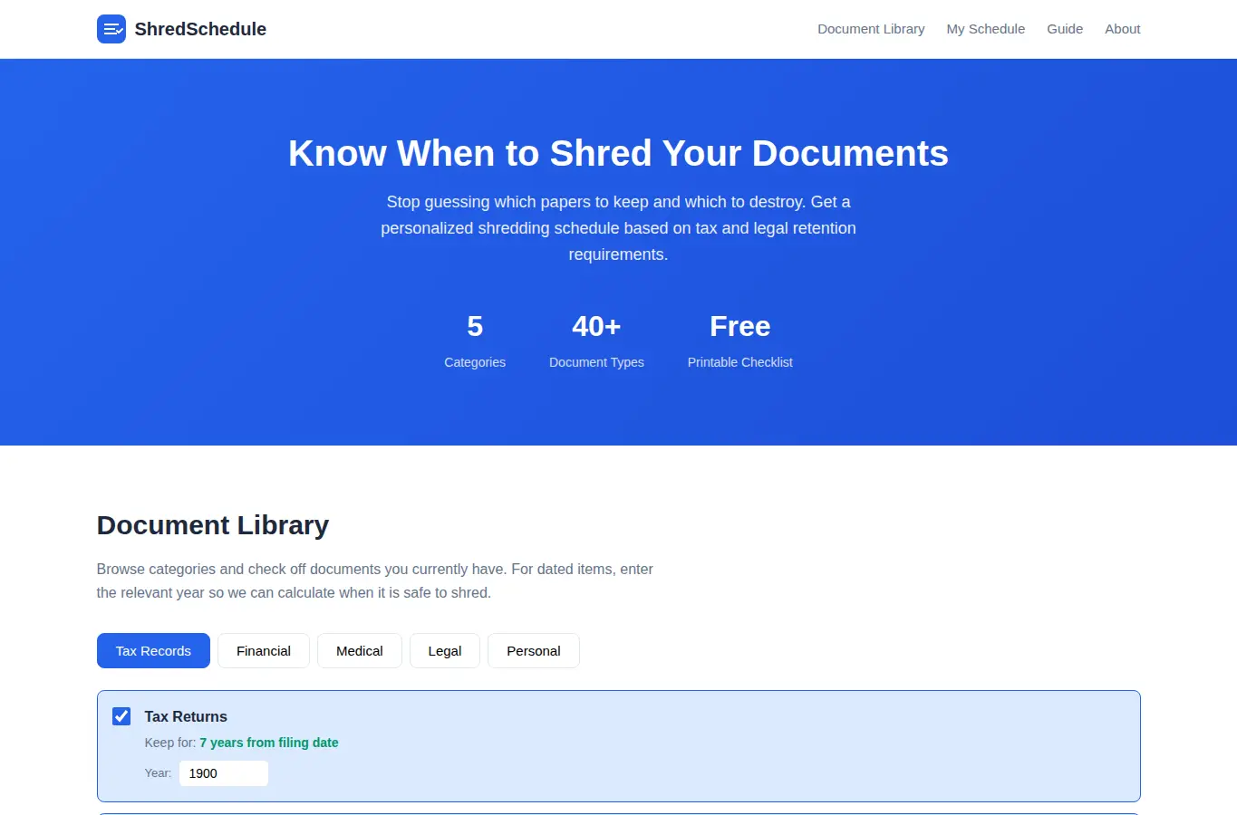 Screenshot of Personal Document Shredding Schedule interface showing the project page in use